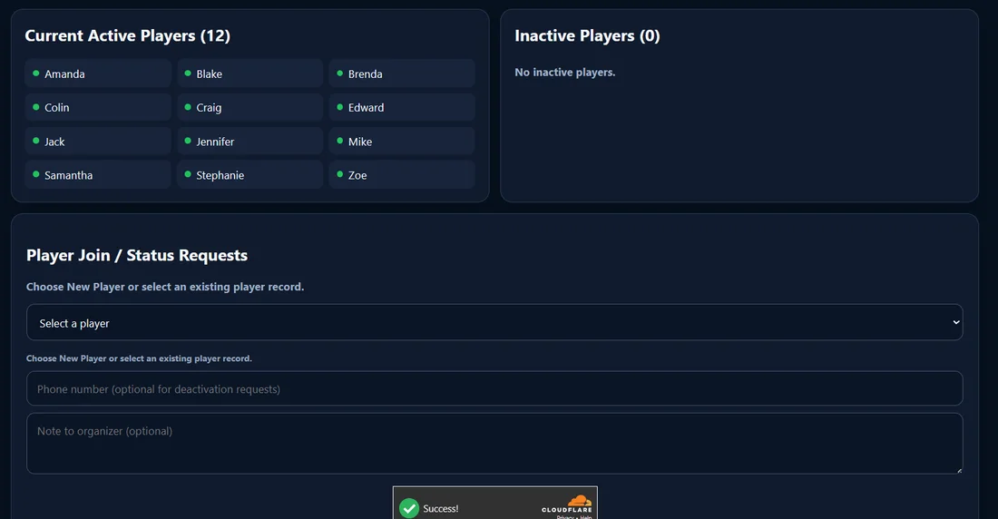 PB King of Court player roster and public league request tools